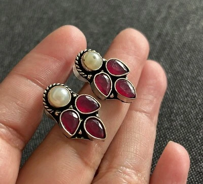 Oxidised Silver Stud Earrings in Pearl & Ruby Red | Cluster Earring  Color  - Image 1 of 3