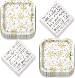 Metallic Silver & Gold Winter Snowflake Christmas Holiday Square Paper Dinner Pl - Picture 1 of 5