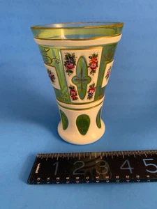 Rare ANTIQUE Bohemian GREEN GLASS Enamel Hand Painted Art Glass Beaker VASE - Picture 1 of 19