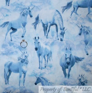 BonEful Fabric FQ Cotton Quilt Blue Light Sepia Color Unicorn Horse Magic Pony L - Picture 1 of 13