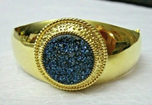 Blue Druzy Bracelet 2-1/2" Wide Stamped CHINA NH-Smooth Golden Color VGC - Picture 1 of 5