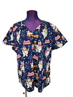 Frosty the Snowman Short Sleeve Medical Scrub Top Size 2X Unisex i84 - Image 1 of 4