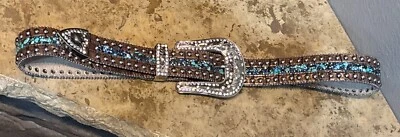 Cinturón de cuero genuino de moda para mujer con tachuelas y pedrería de piedras turquesa XL Foto 1 de 4