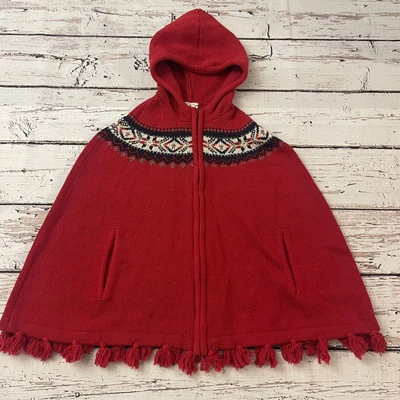 Land's End Kids FairIsle Zip front Hooded Cape Rich Red Size Large/XL - Image 1 of 4