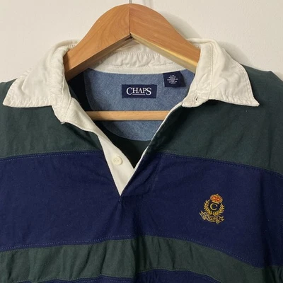 Chaps Rugby Jumper Shirt Mens Large Blue Green Polo Long Sleeve Collared Crest - Image 1 of 4