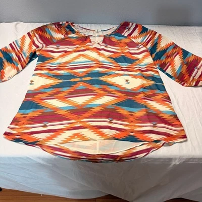 Cato 18W 20W 挖肩束腰连衣裙阿兹特克印花长袖锁眼领 — 第 1/4 张图片