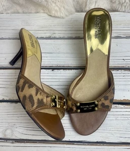 Gereinigte 8M Michael Kors Leopardenmuster Tiermotiv offene Zehenpartie Absatz Pantoletten Sandalen Gold - Bild 1 von 10