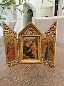 Vtg  Italian Florentine Triptych Ornate Gold Religious Beautiful Madonna Angels - Picture 1 of 12