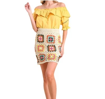 Minifalda Umgee colorida crochet cuadrada en bronceado natural para mujer talla grande nueva con etiquetas Foto 1 de 4
