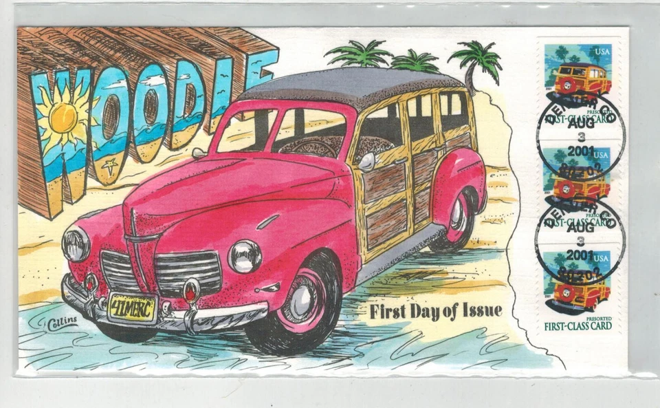 2001 COLLINS HANDPAINTED FDC 3522 ANTIQUE AUTOMOBILE WOODIE WAGON Denver CO - Image 1 of 1