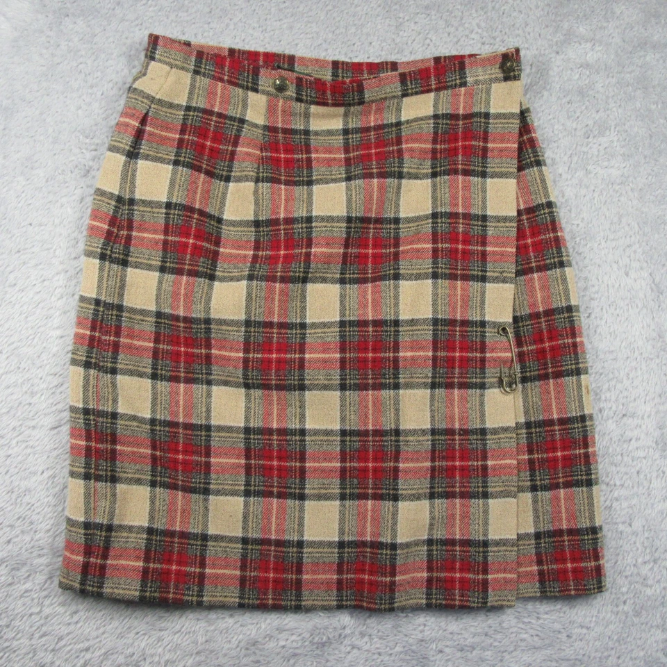 复古 J Mclaughlin Kilt 裹身裙 12 码红色格子 100% 羊毛纽扣拉链 — 第 1/4 张图片