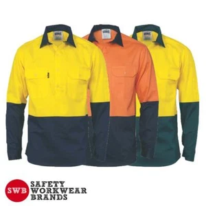 DNC Workwear Mens Hi Vis 2 Tone Close Front Cotton Drill Shirt Safety Work 3834 - Picture 1 of 4