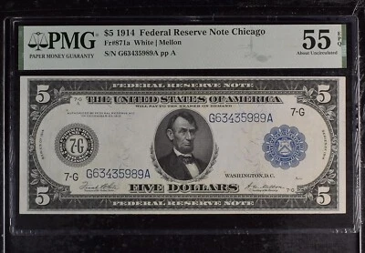 1914 $5 Federal Reserve Note Chicago Fr#871a - PMG 55 AU EPQ - Image 1 of 3