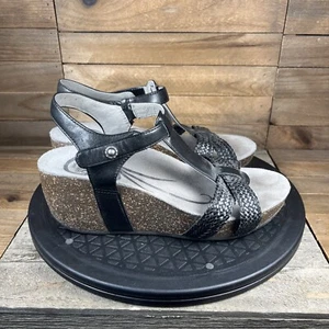 Abeo Wedge Heel Urmy T-Strap Comfort Sandals Black Leather Womens Size 7 N - Picture 1 of 10