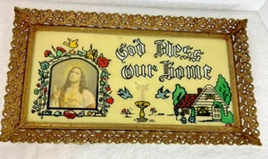 Vtg GOD BLESS OUR HOME Glass Mirror Reverse Painting Foil Art Under W JESUS 16” - Picture 1 of 9
