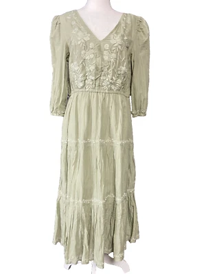 Lucky Brand Womens Dress Large Green Maxi Dress Embroidered Cotton Boho Tiered - Image 1 of 4