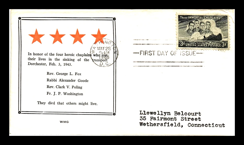 956 3c Stamp (1948) THE HEROIC CHAPLAINS FDC FROM WINFRED M. GRANDY (WMG) - Image 1 of 1