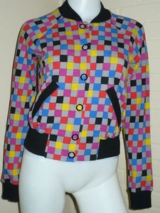 COLORFUL CHECKER JACKET BUTTON SNAP UP POCKET SWEATER ROCKABILLY PUNK Y2K S - Picture 1 of 4