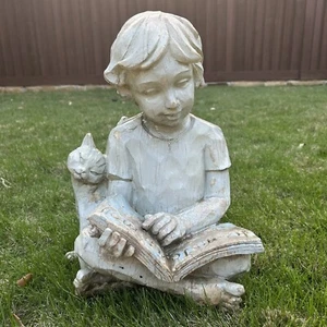 Boy & Cat Garden Statue Wooden Concrete Look Resin Cute Reading “Jesus Loves Me” - Picture 1 of 13