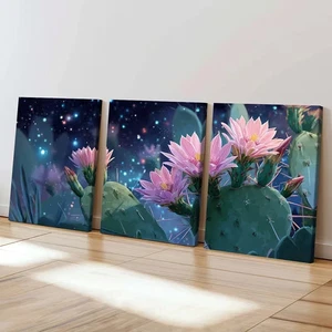 3pcs Cactus Bloom, Desert Flora, Pink Flowers Wall Art Canvas Framed 50x70cm - Bild 1 von 2