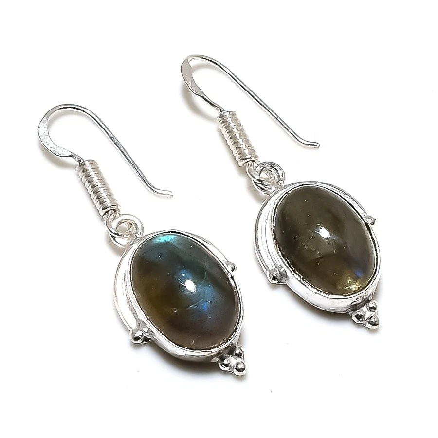 Natural Labradorite Gemstone 925 Sterling Silver Jewelry Earring Size 1.5" - Image 1 of 1