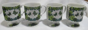 Vintage Japan Butterfly Hippy Groovy Coffee Mugs Blue Green Set of 4 White Glass - Picture 1 of 6