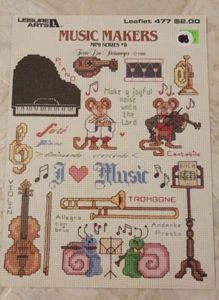 Leisure Arts Music Makers #8 Cross Stitch Piano Trombone Violin Cat Drums Guitar - Picture 1 of 2
