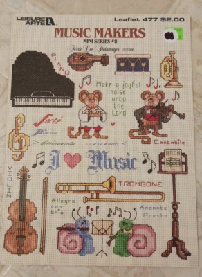 Leisure Arts Music Makers #8 Cross Stitch Piano Trombone Violin Cat Drums Guitar - Image 1 of 2