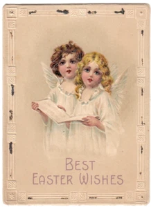 Antike flache Grußkarte Beste Osterwünsche mit singenden Kinderengeln in weiß - Bild 1 von 2