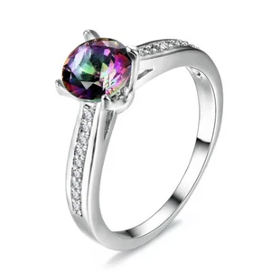 Woman Engagement 7 MM Natural Round Mystic Topaz Gemstone Silver Ring Size 6-10 - Picture 1 of 4