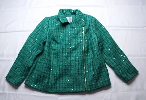 Graver Susan Graver Women's Sequin Tweed Moto Jacket NC3 Emerald/Navy Size 18W - Picture 1 of 3