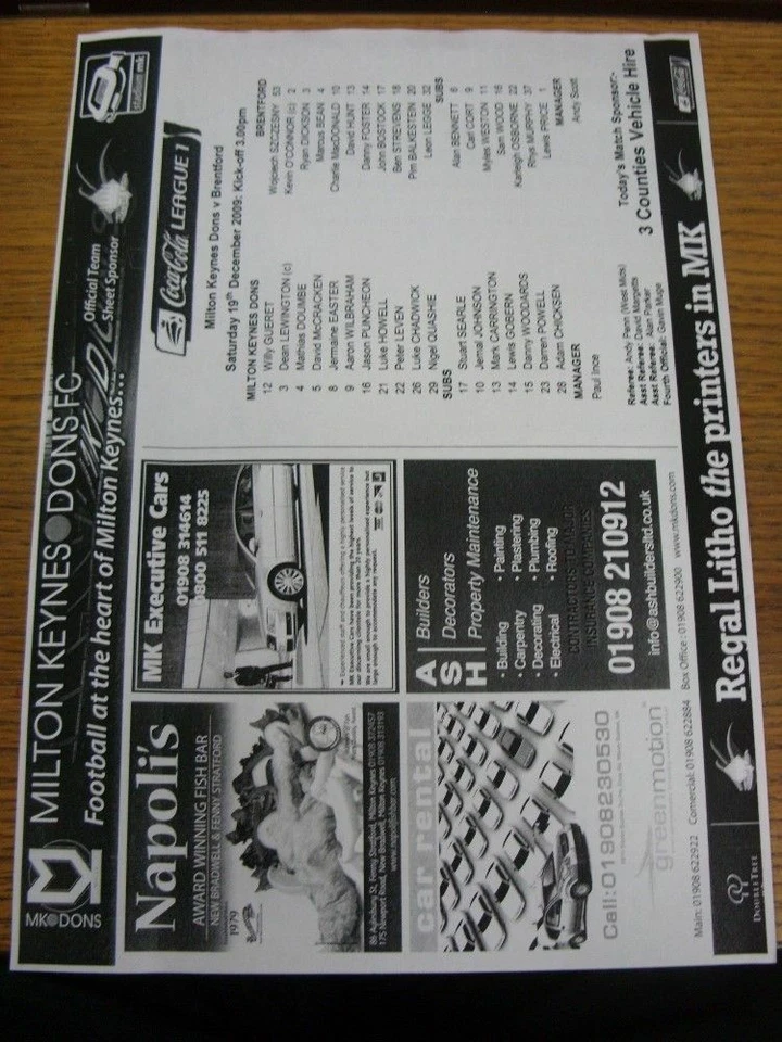 19/12/2009 Teamsheet: Milton Keynes Dons v Brentford  (Black & White). For UK or - Image 1 of 1