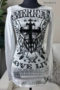 USA New VOCAL APPAREL Womens CRYSTAL SEQUIN WHITE CROSS WINGS Y2K SHIRT S Small - Picture 1 of 3