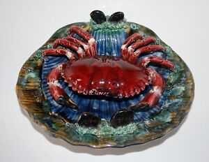 Vintage Portuguese Palissy Majolica Style Pottery Crab & Mussels Bowl / Plaque.