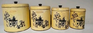 VINTAGE Metal YELLOW CANISTER Tins With Lids Pantry Kitchen Storage Set Of 4  - Picture 1 of 9