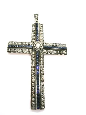 Colgante Cruz Oro Victoriano Plata Diamantes Zafiros Foto 1 de 4