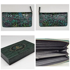 Elegant Retro Western Floral Green Faux Leather Zip Around Wallet 8" x 4" - Picture 1 of 5