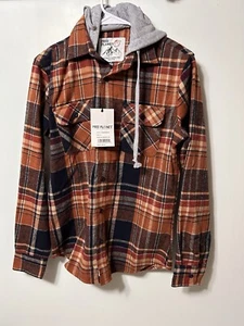 Free Planet Plaid Button Down Flannel Shirt Jacket Shacket Hooded Mens S NWT New - Picture 1 of 4