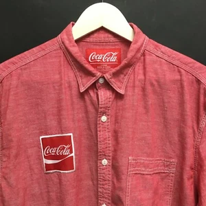 Mens Large COCA-COLA Short Sleeve Cotton Linen Work Shirt Patch Official Red 5c - Picture 1 of 5
