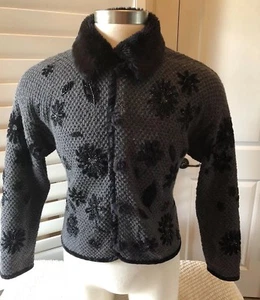 Elana Carello Womens Grey Black Long Sleeve Embellished Faux Fur Collar Sweater - Picture 1 of 10