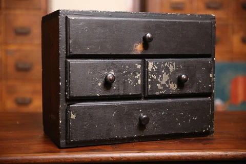 Antique Apothecary Cabinet Primitive Wood File Box Cubby Jewelry Trinkets Black Cover