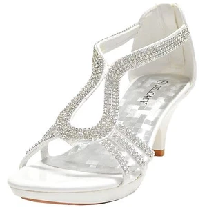 Nuevos zapatos para mujer noche diamantes de imitación cremallera trasera tacón medio boda baile de graduación blanco - Imagen 1 de 11