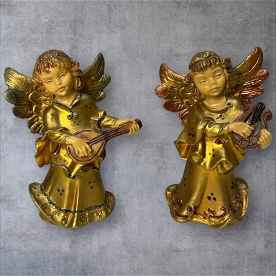 Juego de 2 estatuillas de ángel vintage Italia tono dorado querubín 4" Foto 1 de 4