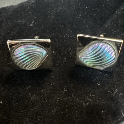 Vintage Hickok USA Iridescent Lucite Shell Square Cufflinks SIlver Tone - Image 1 of 4