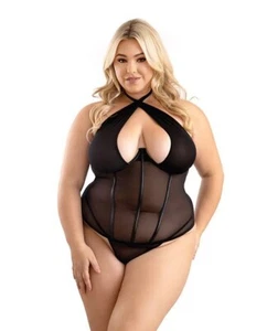 Mesh Halter Underwire Corset w/G-String - Black 1X/2X - Picture 1 of 3