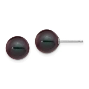 Real 14kt White Gold 9-10mm Black Round FW Cultured Pearl Stud Post Earrings - Picture 1 of 5
