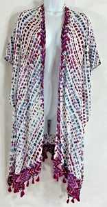 Nordstrom Open OS Geometric Red White Blue Wrap Kimono Cover Up Tassel Fringe - Picture 1 of 21