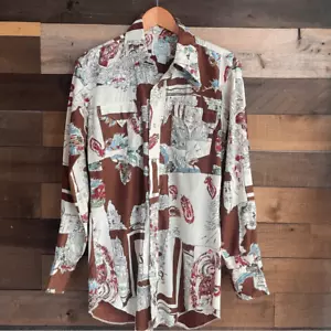 H Bar C Ranchwear Años 70 Estampado Cola Larga Permanente Clásico Botones a presión - Imagen 1 de 8