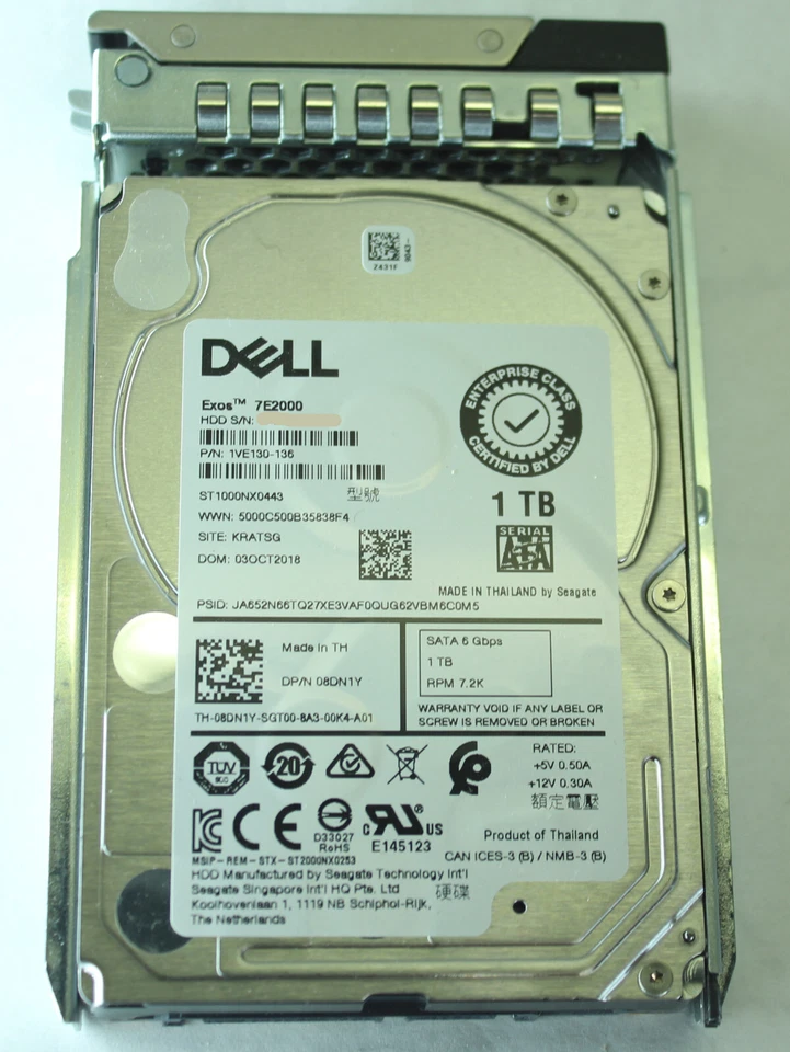 Dell Exos 7E2000 ST1000NX0443 1TB 2.5"SATA 7.2K Hot-plug HDD with caddy 08DN1Y - Image 1 of 4