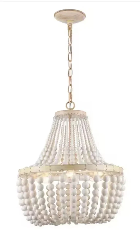 Hampton Bay Cayman 3-Light Faux Wood Chandelier with White Beaded Shade - Image 1 of 3
